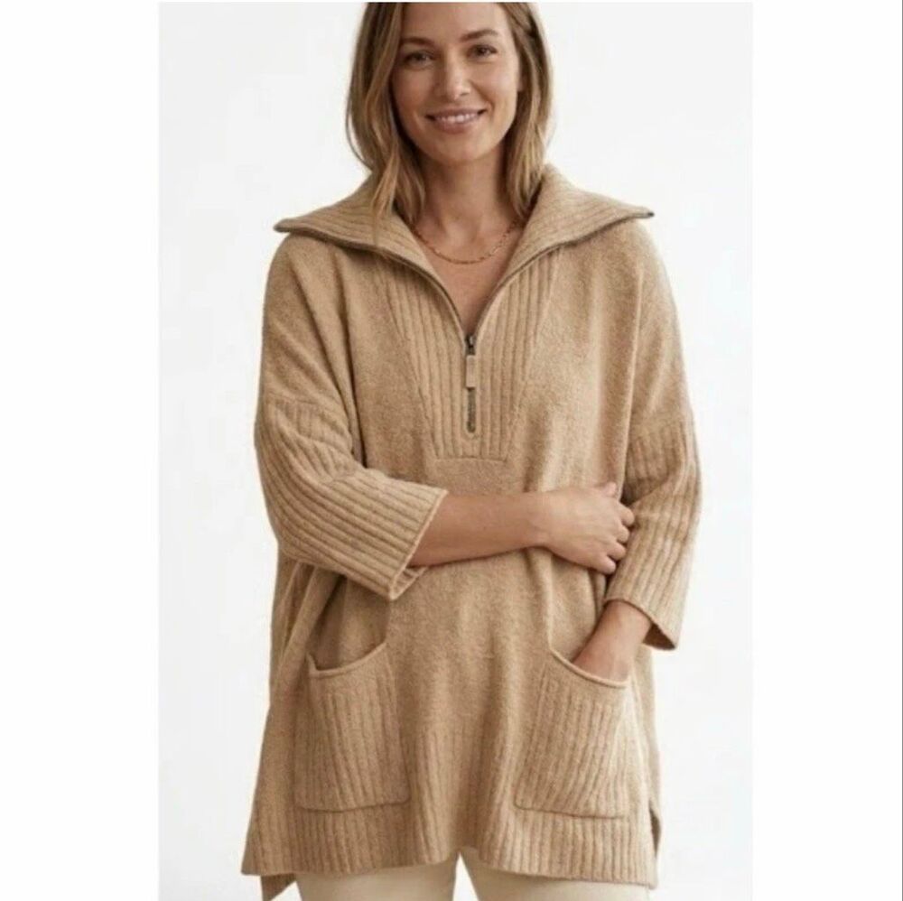 Barefoot Dreams Cozy Chic Lite Half Zip Rolled Edge Tunic  soft camel XXS/XS NEW